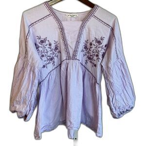 Super Squad with Love Lavender Embroided Boho Cotton Top Balloon Sleeves S/M